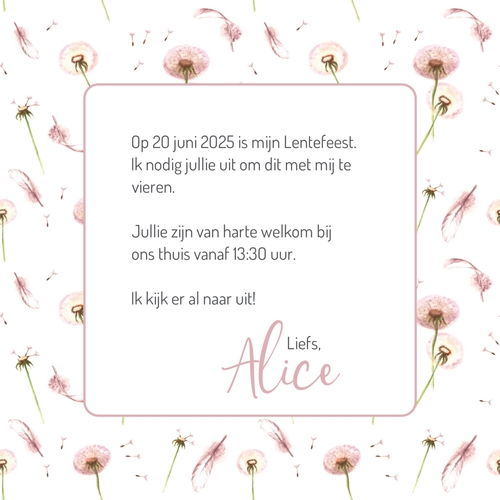 Communie Uitnodiging Alice   Dandelion Roze Achterkant