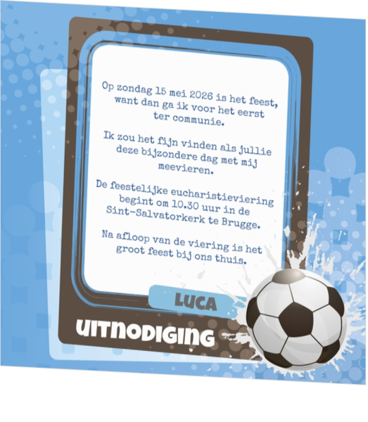 Communiekaarten voor jongens - kaart Stoere uitnodiging voor de voetballiefhebber 154602BA