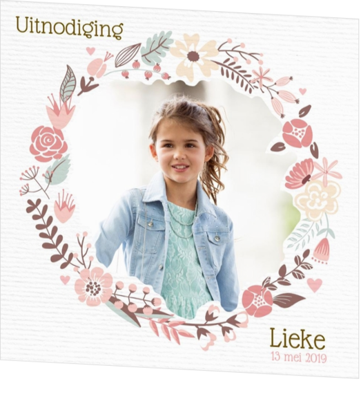 Vrolijk en fleurige communiekaarten - kaart Uitnodiging met roze bloemenkrans 164617BA