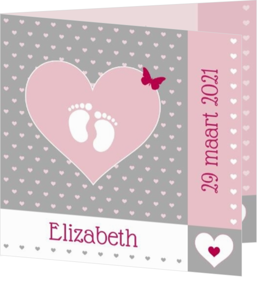Geboortekaartjes met illustraties - kaart Voetjes en roze hartjes 114118BA