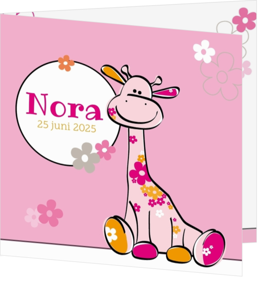 Lieve geboortekaartjes ontwerpen - kaart Roze bloemen giraffe 114125BA