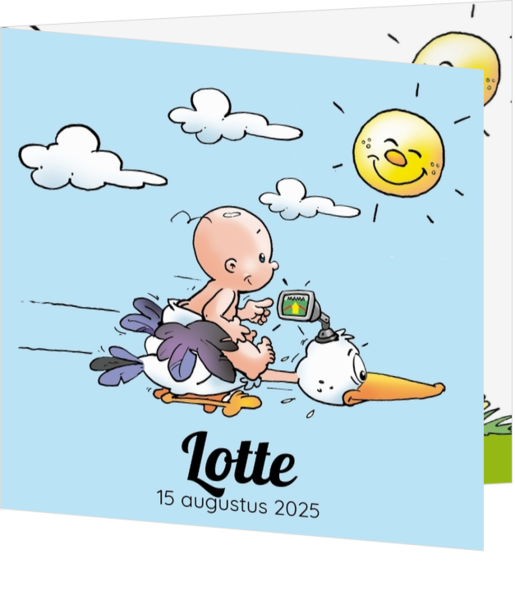 Geboortekaartjes met illustraties - kaart Baby vliegt op ooievaar 114290BA