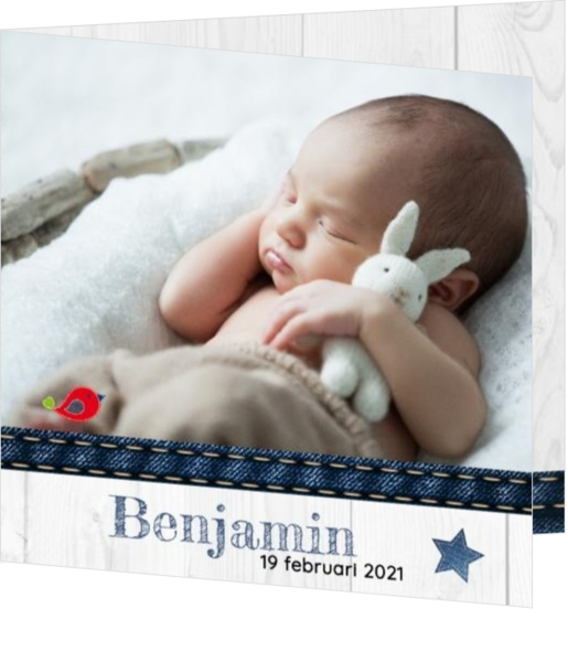 Sterren geboortekaartjes ontwerpen - kaart Eigen foto met spijkerstof accent 117003