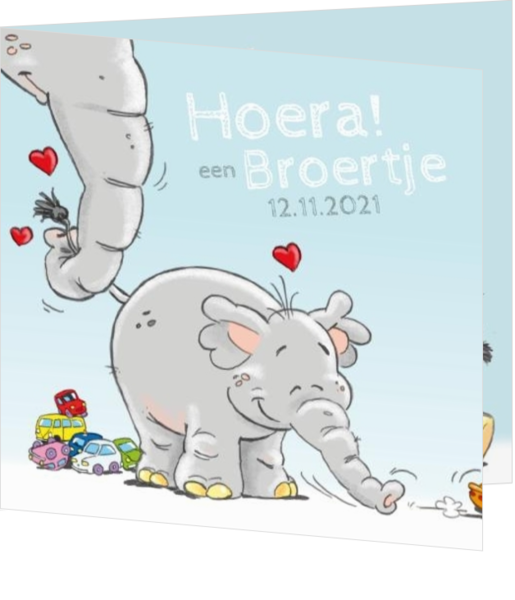 Geboortekaartjes voor een broertje / zusje - kaart Lief olifantje aan moeders slurf 117009