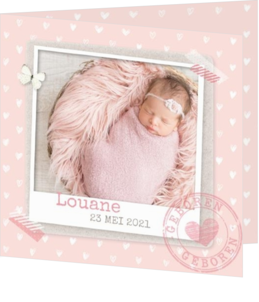 Initialen geboortekaartjes ontwerpen - kaart Polaroid met hartjes patroon 317036B