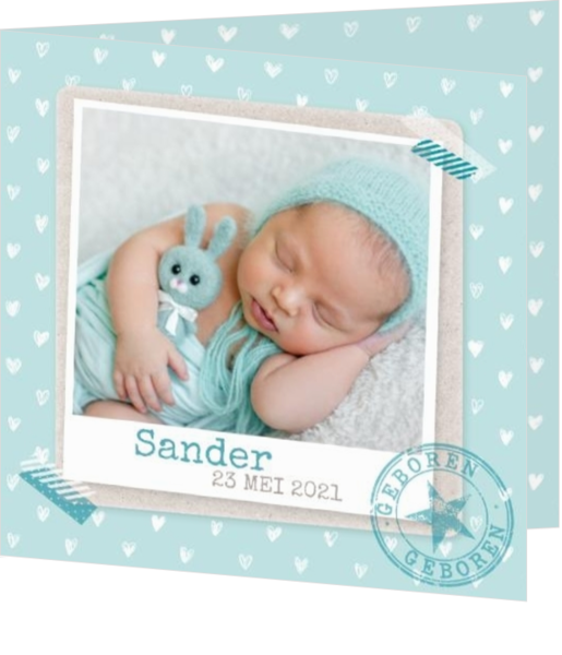 Initialen geboortekaartjes ontwerpen - kaart Polaroid met hartjes patroon 317037B