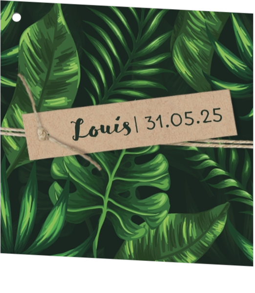 Communie Geschenkkaartje Louis - Jungle bladeren met label en touwtje