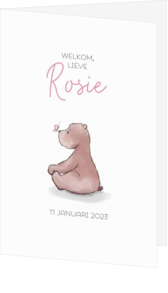 Geboortekaartje Rosie - Beertje met roze vlindertje