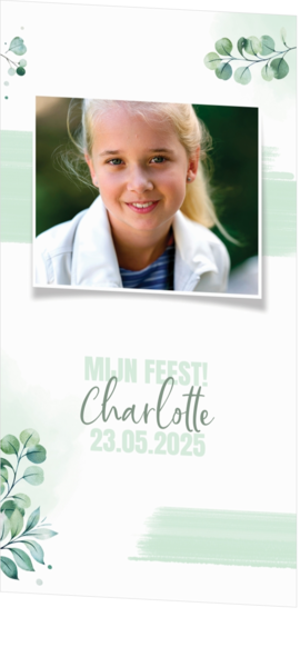Communie Uitnodiging Charlotte - Groene Aquarel blaadjes 