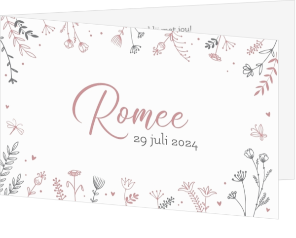 Geboortekaartje Romee - Lijntekeningen bloemetjes