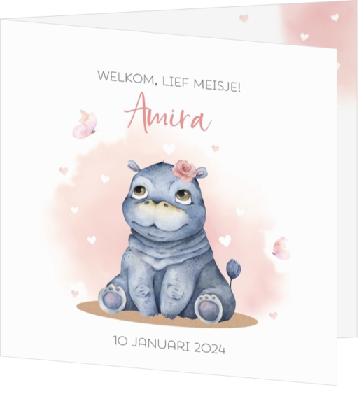 Geboortekaartje Amira - Lief nijlpaardje op roze