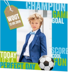 Thema: Sportief - Fotokaart communie - blauw voetbalthema 164030BA