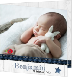 Stoer geboortekaartjes ontwerp - kaart Eigen foto met spijkerstof accent 117003