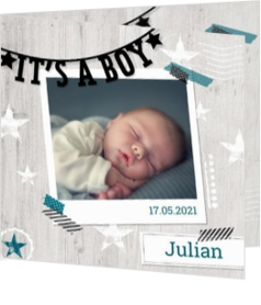 Stoere geboortekaartjes - kaart Polaroid met slinger 317020B