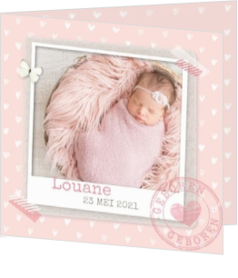Initialen geboortekaartjes ontwerpen - kaart Polaroid met hartjes patroon 317036B