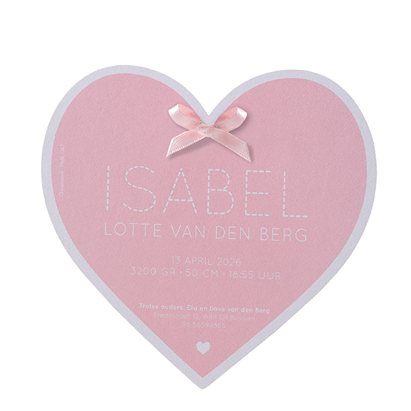 Geboortekaartje Isabel - Hart met roze strikje