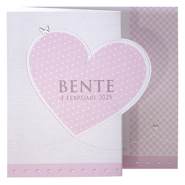 Geboortekaartje Bente - Roze hartje met stipjes