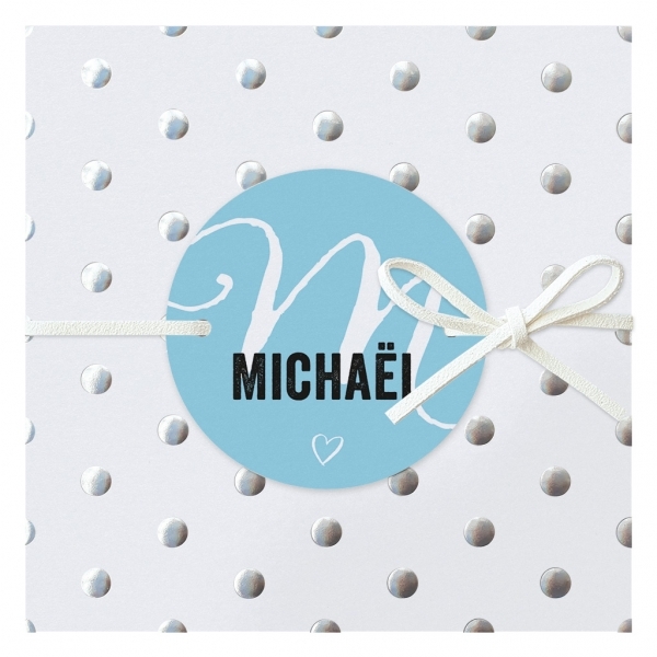 Geboortekaartje Michael - Zilveren stippen met label en lint jongen