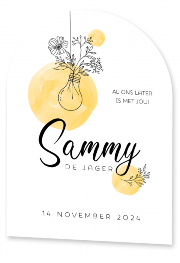 Geboortekaartje Sammy - Lijntekening bloemen met geel
