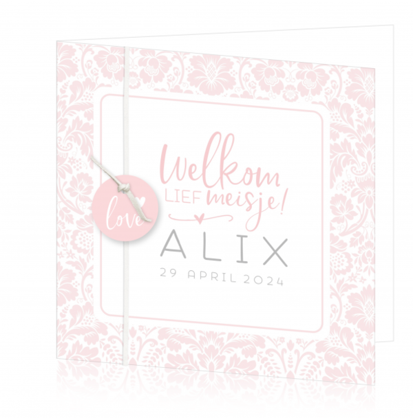 Geboortekaartje Alix - Roze patroon met label