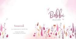 Geboortekaartje Bobbi   Bloemenveld met vlindertjes Achterkant/Voorkant