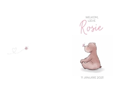 Geboortekaartje Rosie   Beertje met roze vlindertje Achterkant/Voorkant
